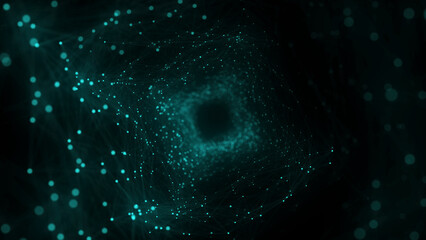 Technology wireframe square tunnel on blue background. Futuristic 3D wormhole grid. Big data visualization. 3D rendering.