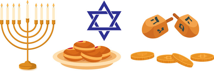 Hanukkah Celebration Icons Set with Menorah, Dreidels, Gelt, Sufganiyot and Star of David – Jewish Holiday Vector Illustration transparent background
