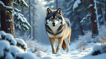 Majestic wolf emerges from snowy forest, captivating gaze, symbol of wild freedom and untamed nature in winter's embrace.
