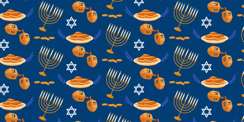 Hanukkah Seamless Pattern with Menorahs, Dreidels, Sufganiyot, Gelt and Star of David &ndash; Jewish Holiday Vector for Wrapping Paper, Greeting Cards, Fabric, Posters and Festive Decorative Design Projects