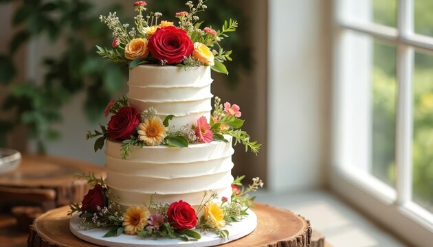 Beautiful two-tiered white cake with fresh red, yellow roses sits on rustic wood slice. Elegant dessert perfect for wedding celebration, beautifully displayed in bright, natural room by window with