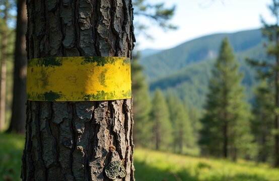 Tree marked with yellow paint band for cutting in forest. Planned removal of trees. Concept of forestry management, selective logging and eco responsibility in timber industry.
