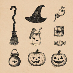 Hand drawn Halloween icons set witch hat broom potion jack o lantern candy simple vector style transparent background 