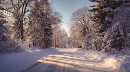 Fototapeta premium Serene winter landscape a snow covered country road surrounded by tranquil snow dusted trees