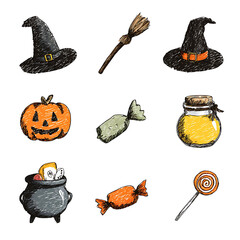 Hand drawn Halloween icons set witch hat broom potion jack o lantern candy simple vector style transparent background 