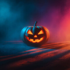 Jack o lantern composition with colored gels dramatic shadows theatrical Halloween advertising style 