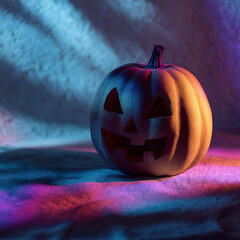 Jack o lantern composition with colored gels dramatic shadows theatrical Halloween advertising style 