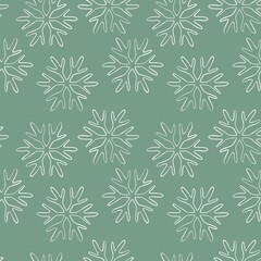 Hand drawn white snowflakes on the mint background seamless pattern, winter design, contouring illustration 