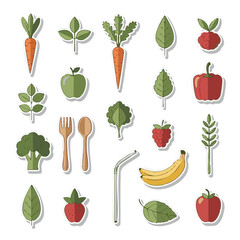 Fototapeta premium Healthy Food Stickers — Flat Vegan Icon Set of Fruits, Vegetables, and Leaves