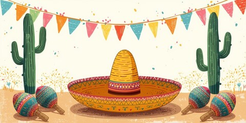 Vibrant fiesta celebration scene with sombrero, maracas, and cacti under festive bunting