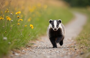 Fototapeta premium Small badger runs fast along path in meadow with yellow flowers. Wild animal moves through grass on gravel track. Creature looks towards camera in natural environment. Woodland mammal appears cute,