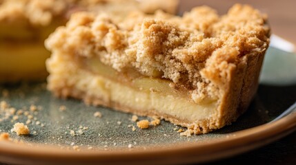 Delicious close up of homemade apple crumble cheese tart on rustic plate with warm natural light