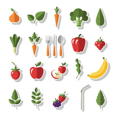 Healthy Food Stickers Set — Flat Vector Icons of Fruits and Vegetables with Shadow Style