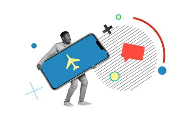 Composite 3D photo collage design trend sketch of vacation office manager young man walk hand hold smartphone flight travel speech cloud