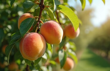 Ripe apricots cluster on branch bathed in golden sunlight. Green foliage surrounds fruit creating vibrant summer scene. Image evokes feelings of freshness, abundance perfect for food blogs