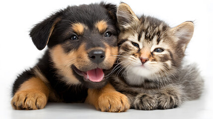 Fototapeta premium A close up Dogs and cats. Puppy and Kitten Friendship cuddling together on a isolated white background. The image is a heartwarming moment of companionship between the two animals.