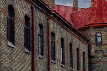 new gothic architecture style castle close up building facade perspective walls and towers background landmark object dark European aesthetic design