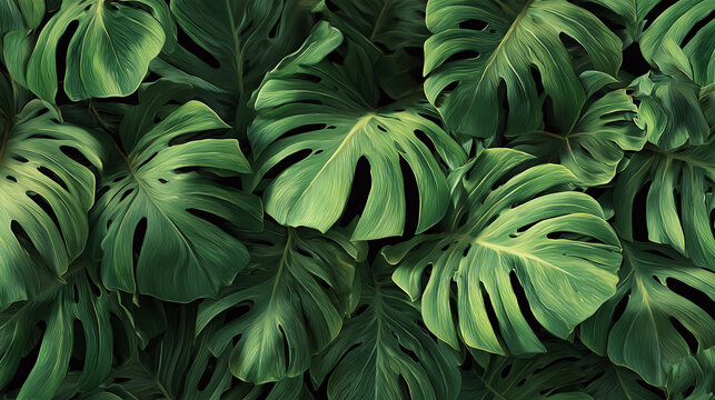 A close-up shot of monstera leaves forming a lush pattern