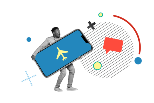 Composite 3D photo collage design trend sketch of vacation office manager young man walk hand hold smartphone flight travel speech cloud - Powered by Adobe