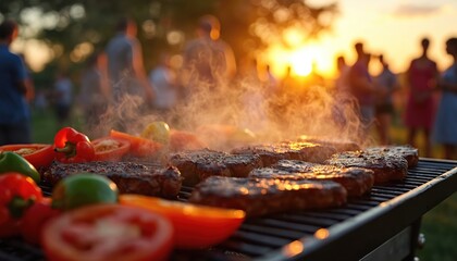 Juicy steaks and colorful veggies sizzle on grill at outdoor party. Friends gather in golden hour sunset light. Enjoying warm summer evening celebration and BBQ food.