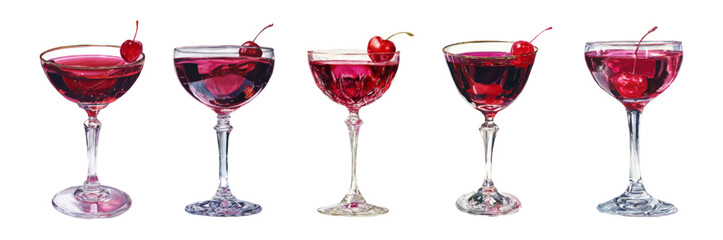 Set of glasses with red liqueur decorated with cherry. Watercolor glass glasses with red alcoholic cocktail and cherry. Vintage bar elements.Whimsical cocktail