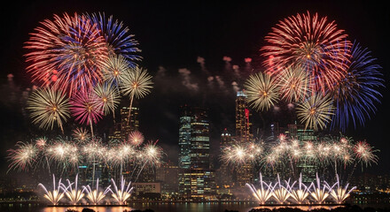 Obraz premium Stunning fireworks explode in vibrant colors over a modern city skyline at night, celebrating a joyous occasion