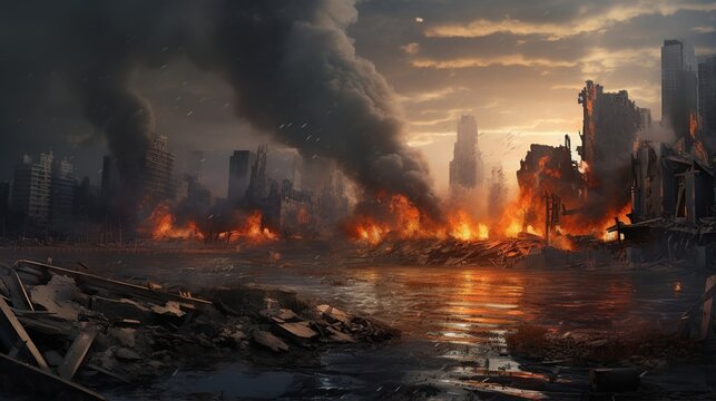 A devastating post-apocalyptic cityscape engulfed in raging infernos with smoke billowing into the twilight sky
