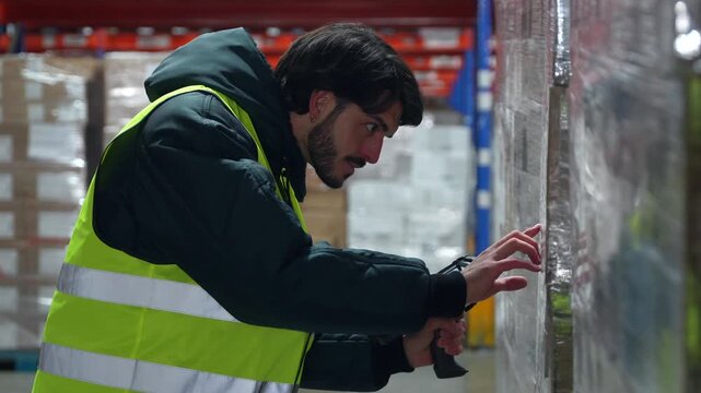 Warehouse worker scanning pallet in cold storage logistics center