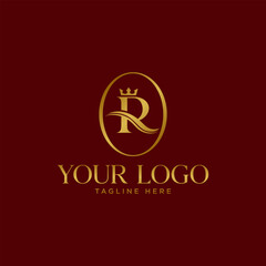 Luxury Letter R Logo Design with Gold Crown and Elegant Wave Shape on Dark Red Background