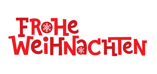 FROHE WEIHNACHTEN (HAPPY CHRISTMAS in German) red vector hand lettering banner with snowflake motif