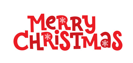 MERRY CHRISTMAS red vector hand lettering banner with snowflake motif