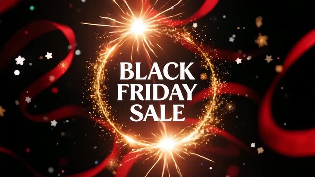Wide golden starburst halo frames BLACK FRIDAY SALE as ribbons and glitter sweep across the scene. Continuous motion and bright flares make it ideal for landscape ads, headers, and marketplace promos.
