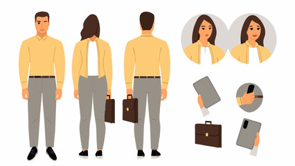 Obraz premium Illustration of people in business attire with accessories like briefcase and mobile devices shown