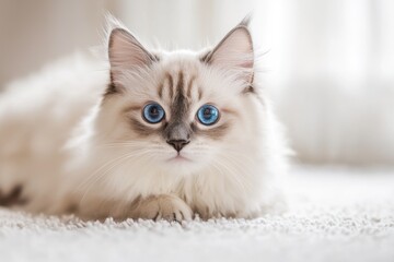 Fluffy white cat with striking blue eyes relaxing on soft carpet