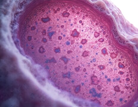Microscopic view Olfactory neuroblastoma Esthesio. Tissue shows malignant neoplasm. Uncommon neuroectodermal nasal tumor represents cellular structure. Study for chronic desease diagnosis in