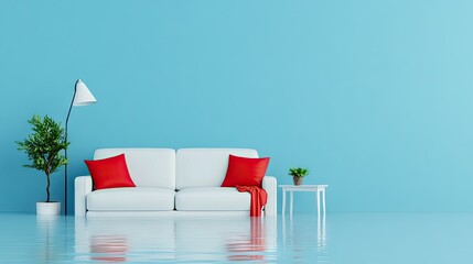 A surreal flooded living room with a floating sofa and vibrant decor in tranquil blue tones