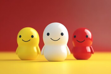 Colorful smiling toys on vibrant yellow and red backgrounds