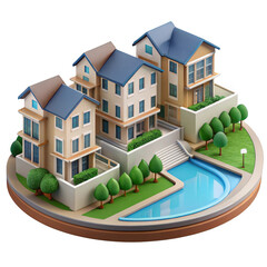 3d luxury villa complex with swimming pool isolated on transparent background