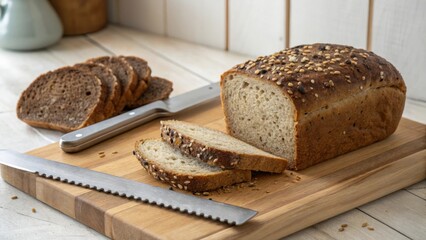 Freshly baked whole grain bread sliced on a wooden cutting board