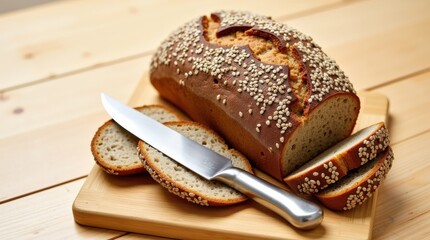 Freshly baked whole grain bread sliced on a wooden cutting board