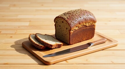 Freshly baked whole grain bread sliced on a wooden cutting board