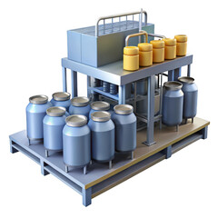 3d industrial dairy processing unit with cans isolated on transparent background