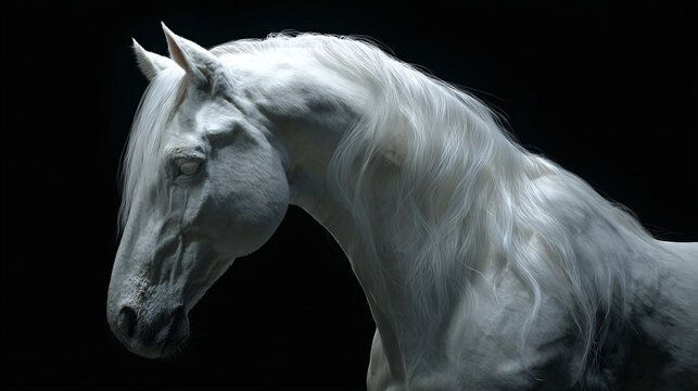 A majestic white horse captured in profile against a dark background, showcasing its beauty and elegance.