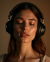 Relaxed female listening to music with big headphones in cozy ambient lighting