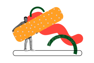 Creative collage picture young excited happy man old collar bandage blister geometry figures surreal concept drawing background