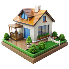 3d suburban house with landscaping isolated on transparent background