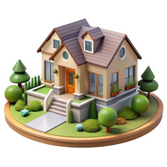 3d cozy suburban house with landscaping isolated on transparent background