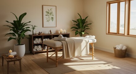 Fototapeta premium Bright Massage Room with Wooden Furniture, Plants, and Natural Light wellness relaxation