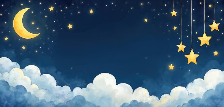 Horizontal watercolor illustration features serene night sky with golden crescent moon. Twinkling stars, hanging, illuminate dark blue backdrop. Soft, fluffy clouds gently rest at bottom, creating