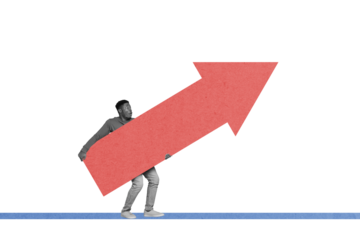 Composite photo collage of astonished american man hold big arrow pointer promotion concept career promotion isolated on painted background